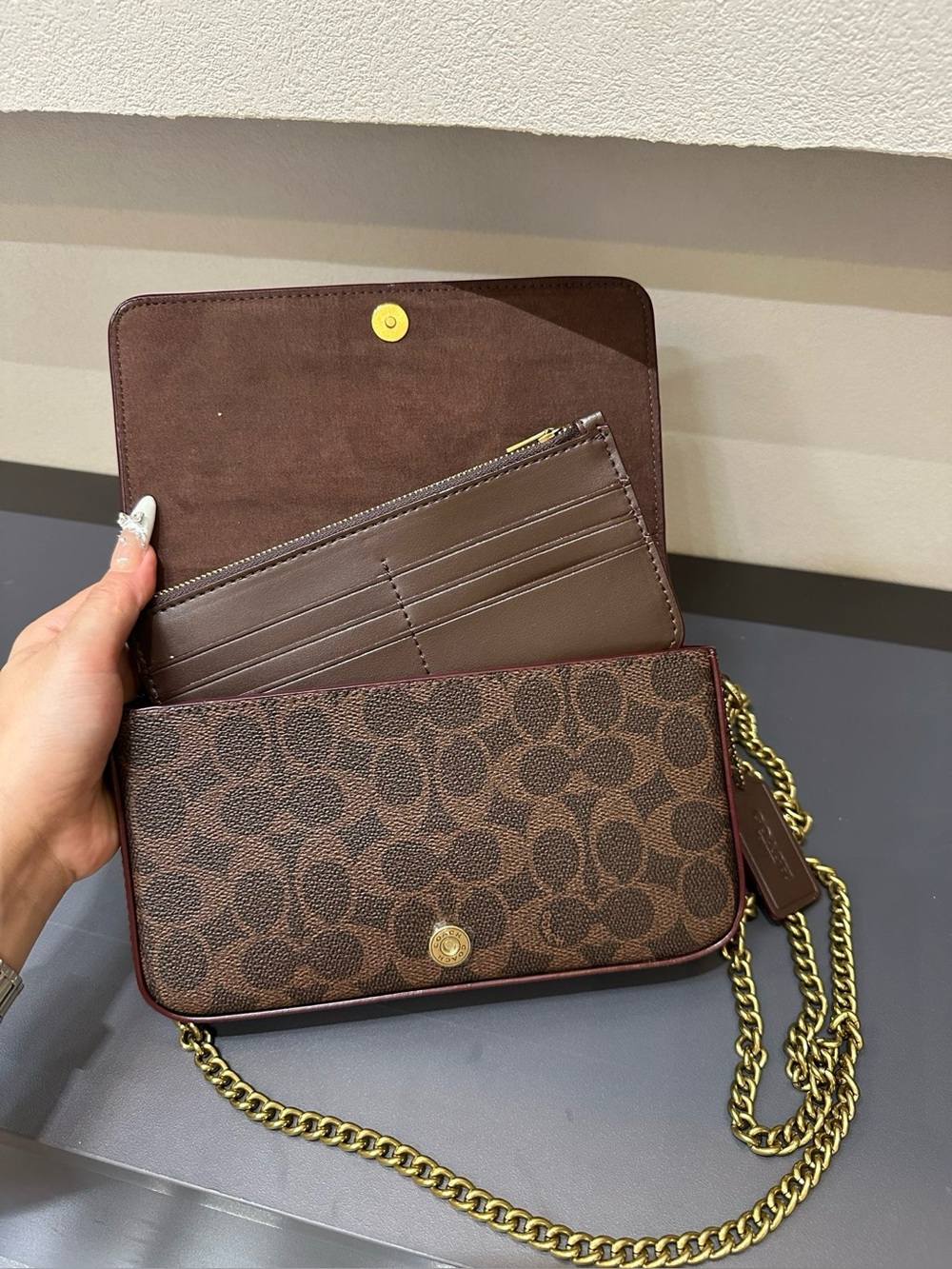 Coach Brown Signature Crossbody Wallet with Gold Chain